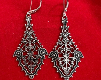 Victorian Earrings Antique Sterling Silver Earrings Dangle Earrings Filigree Jewelry