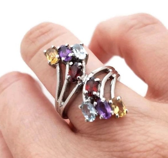 Multi Stone Silver Ring Gemstone Antique Ring, Ga… - image 1