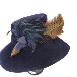 1970s Biak Bird and Feather Blue Wool Hat - Vintage 1970s hat - Vintage fedora hat Feather Band - 1970s designer hat - Vintage hat