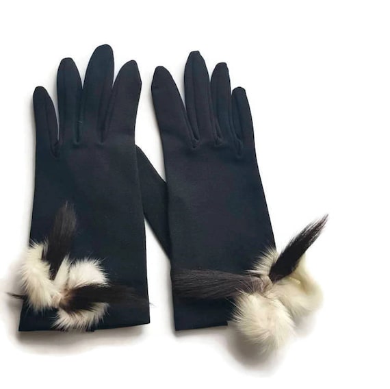 Gloves Vintage Black with Mink Fur, Unique Rare D… - image 1