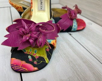 Monzo & Franco Size 6 1/2 M Black Floral Colorful Satin and Leather Vintage low heeled Shoes 1990 Shoes For Women Sandals