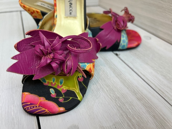 Monzo Franco Size 6 1 2 M Black Floral Colorful Satin and Leather Vintage Low Heeled Shoes 1990 Shoes for Women Sandals Etsy