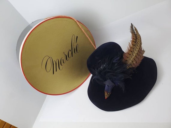 1970s Biak Bird and Feather Blue Wool Hat - Vinta… - image 9