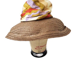 Mr. John Jr 1970s Hat Floppy Sun Hat, Vintage Straw Hats For Women Girls With Brown Sisal Straw and Wide Brim