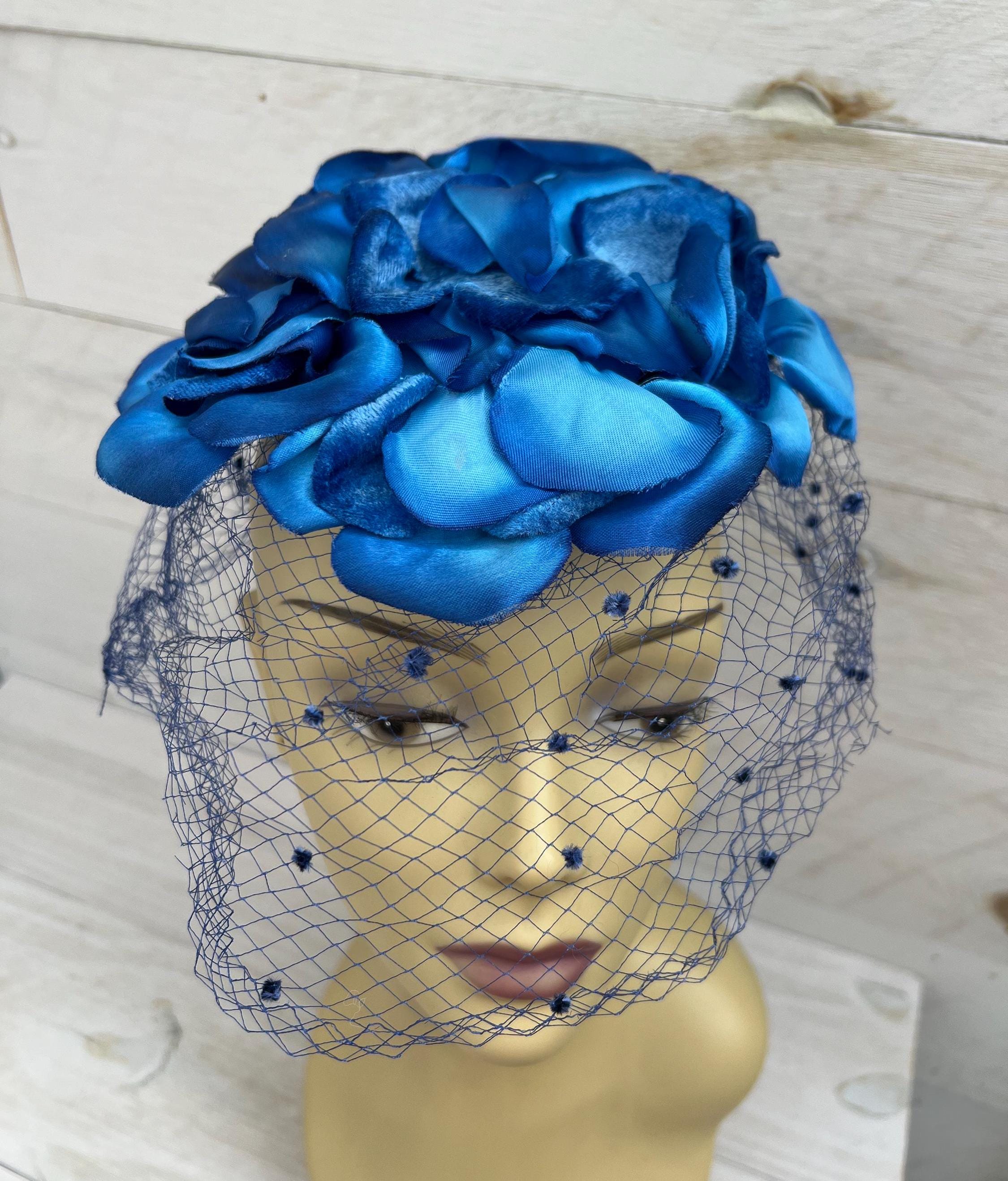 Vintage 1940s Blue Velvet Bandeau Hat‎ Rhinestone Accent Cocktail Headpiece half Vintage Rhinestones Velvet Tilt Hat, 1940s-50s Hat, Vintage  main image 3