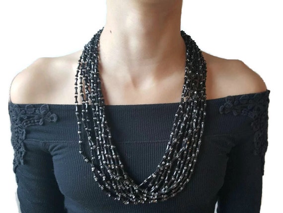 Black Boho Multi-Strand Faceted Stone Beaded Statement Necklace