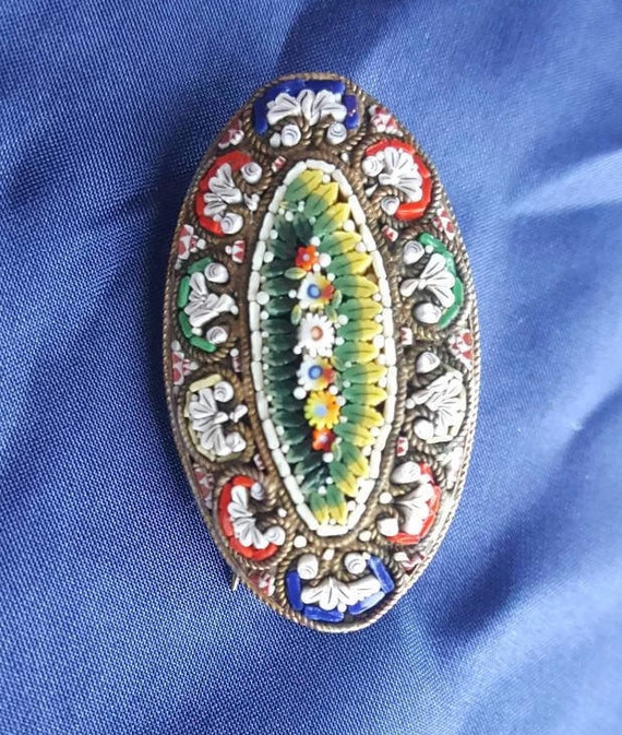 Florence Italy Micro Mosaic Antique Brooch,  Early