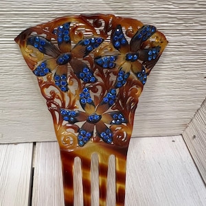 Ornate Antique Blue Art Deco Hair Comb Vintage Rhinestone Floral Mantilla Hair Comb Bridal Hair Pins For Wedding