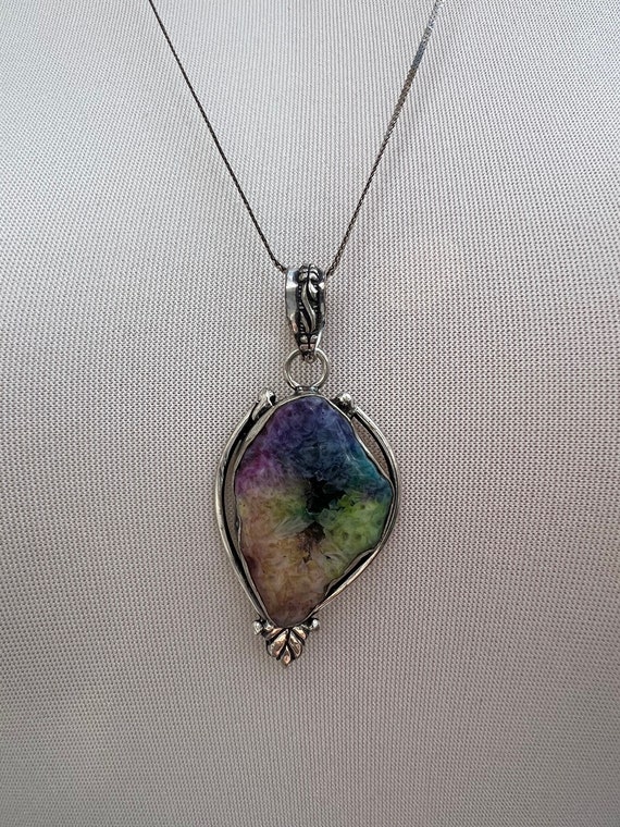 Ornate Rainbow Stone Pendant Necklace 925 Sterling