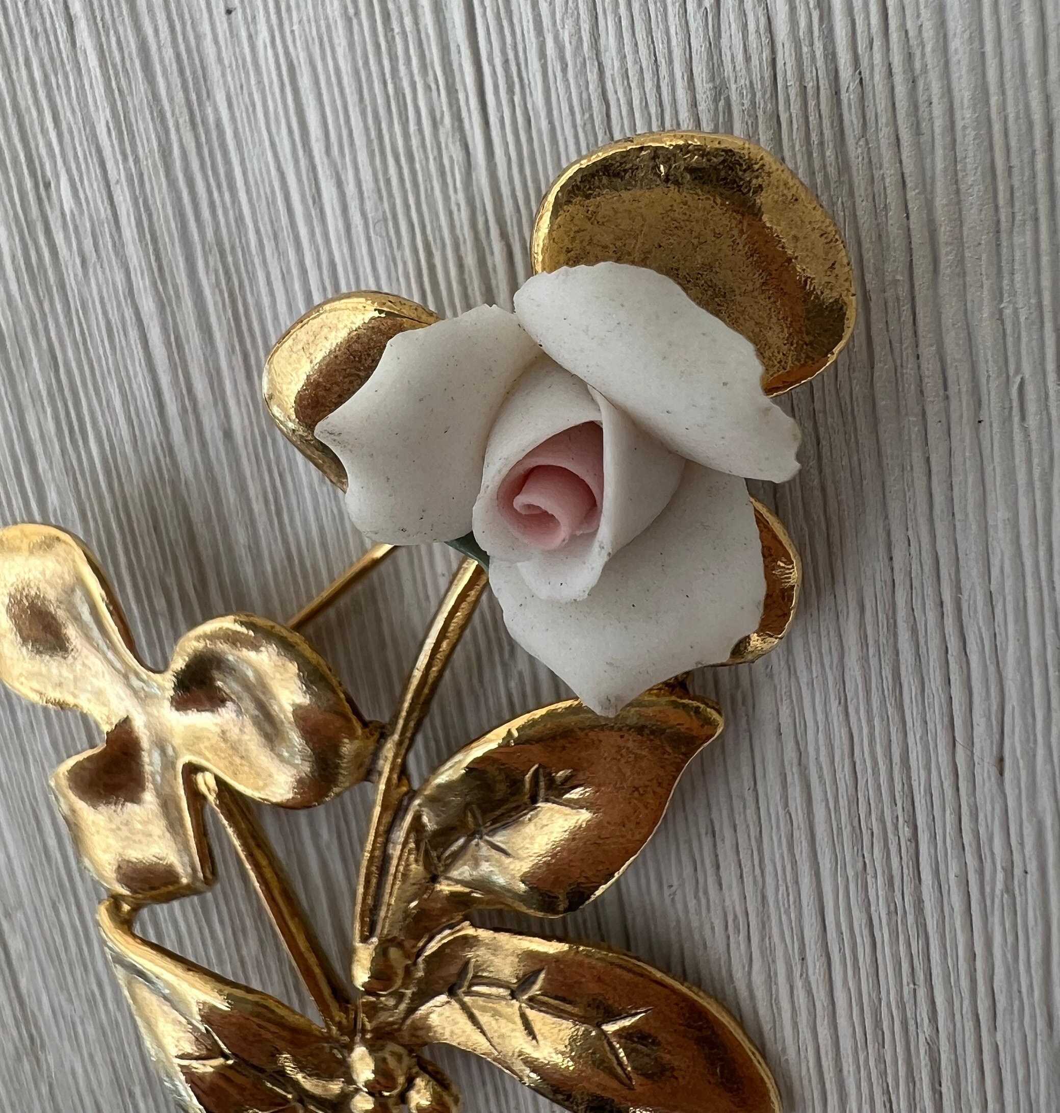 Rose Flower Brooch White and Pink Porcelain Pin Estate Antique