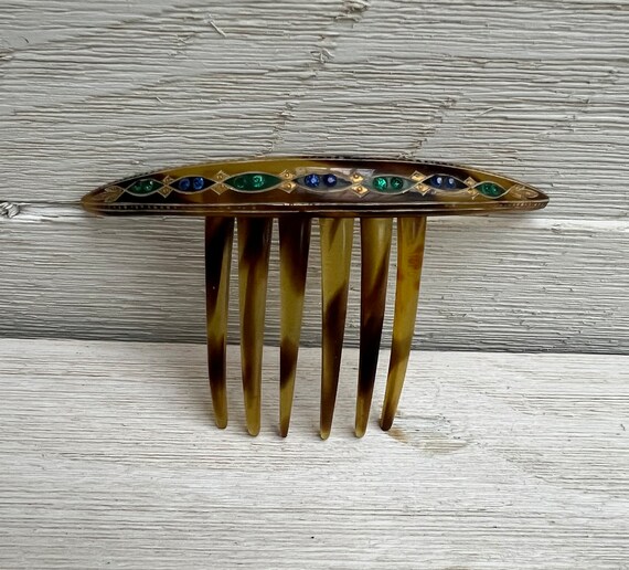 Antique Art Deco Hair Comb Dark Green, Blue, Gold… - image 2