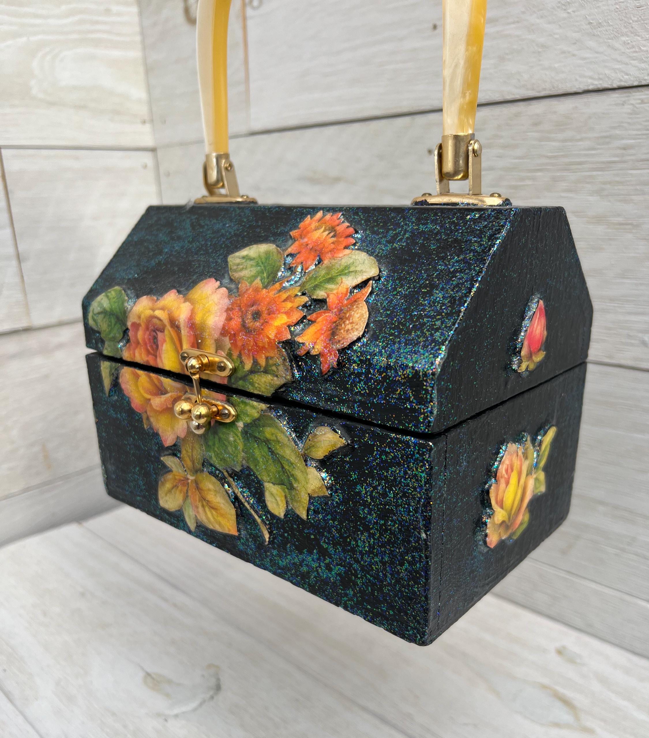 Raised Decoupage Purse Wooden Box Purse Bag Raised 3D Flowers