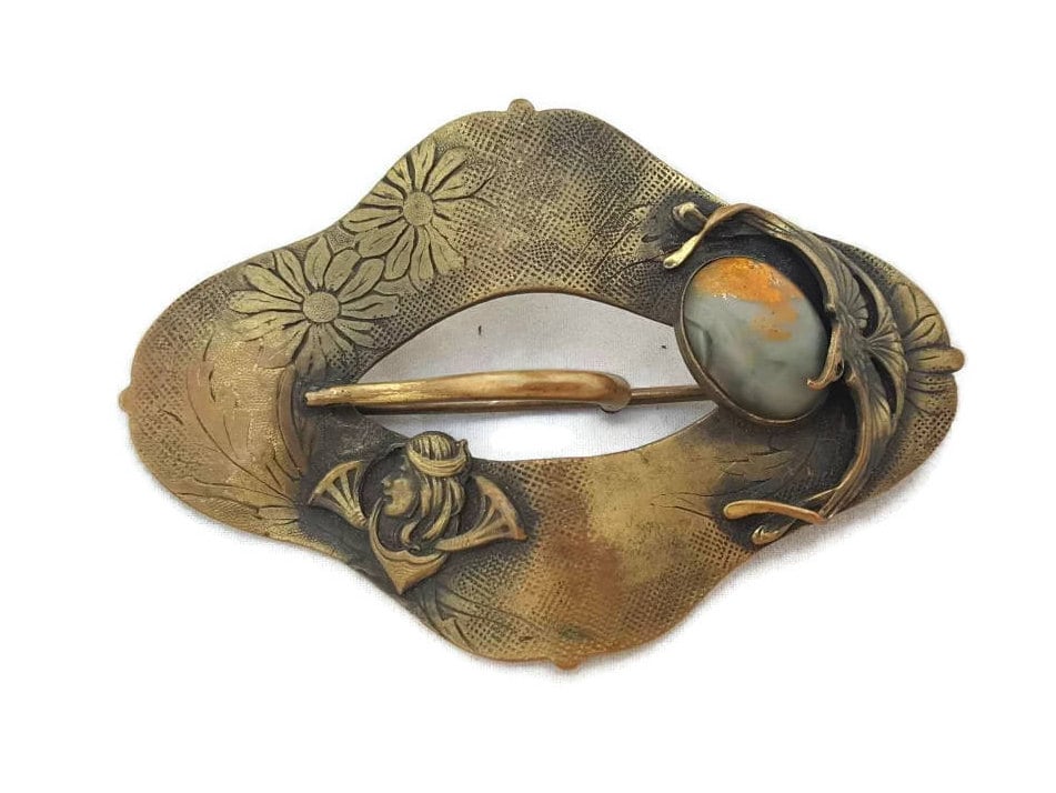 Épingle De Jabot Ou Chapeau Vintage XIXe Siècle - Décor Floral, Métal Doré 65x20 Mm, Occasion