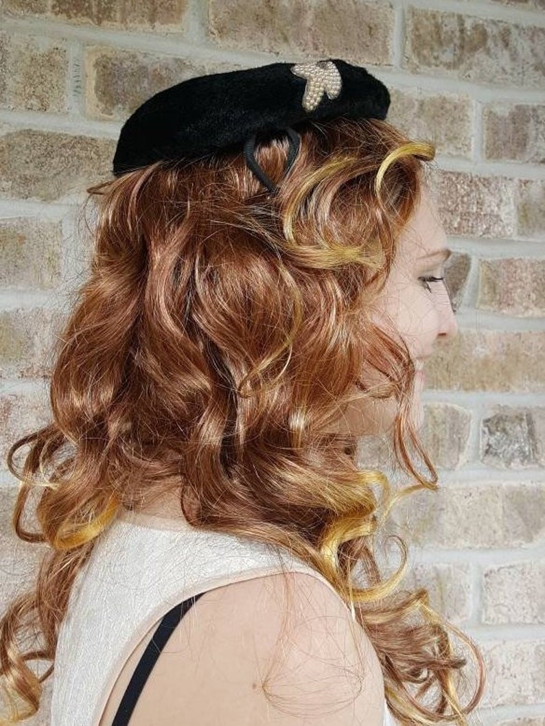 Black Church Hat PIllbox Hat Beaded with Pearls Art Deco Vintage Hat Elegant Pillbox Hats For Women or Girls 1950s 1960s hats