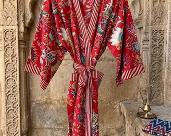 cotton kimono Robe Dressing Gown,Block Print Bridesmaid Robe,Summer Nightwear,one size