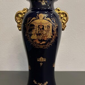 Vintage venetiansk lagunamforavas | Koboltblått och guldporslin | Klassisk venetiansk inredning