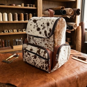 May include: A backpack crafted from brown and white cowhide with a textured hair-on-hide finish. The bag features a top flap, a front zippered pocket, and side panels made of smooth brown leather, all secured with silver-toned metal zippers.
