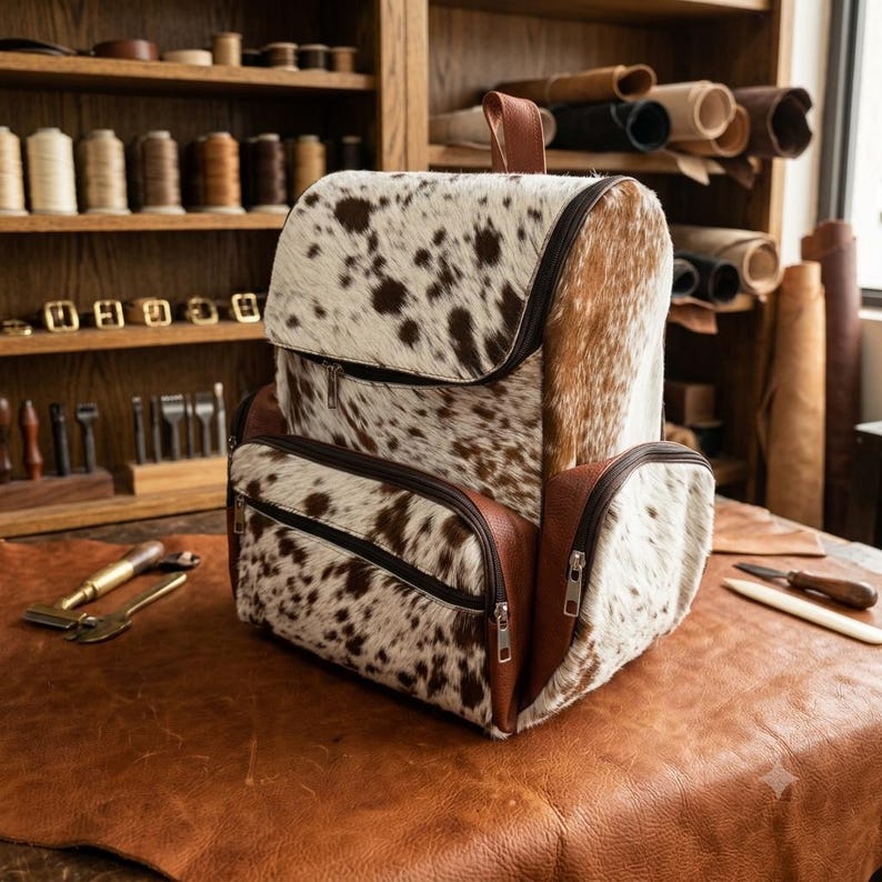 Puede incluir: Una mochila confeccionada en piel de vaca marr&oacute;n y blanca con acabado de pelo texturizado. La bolsa cuenta con una solapa superior, un bolsillo frontal con cremallera y paneles laterales con ribetes de cuero marr&oacute;n y cremalleras met&aacute;licas plateadas.