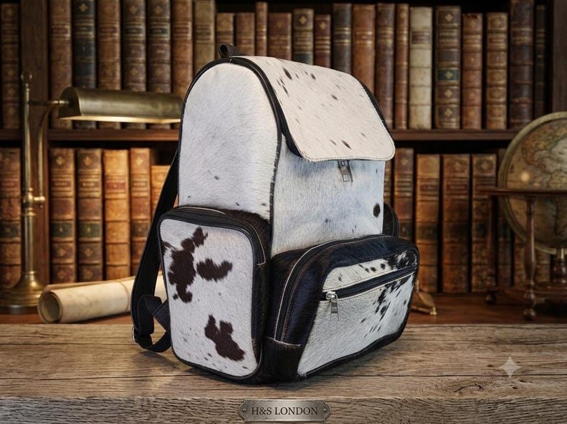 Puede incluir: Una mochila confeccionada en piel de vaca blanca y negra con un compartimento principal grande con solapa, un bolsillo frontal con cremallera y ribetes de cuero negro. El bolso muestra un patr&oacute;n de manchas natural y correas negras.