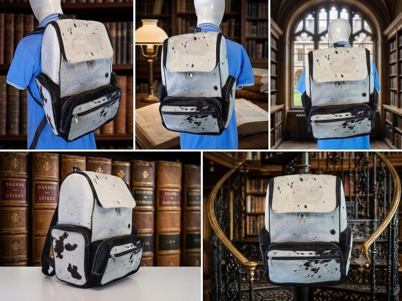 Puede incluir: Una mochila con un patr&oacute;n de piel de vaca en blanco y negro, con una solapa superior, un bolsillo frontal con cremallera y paneles laterales negros. La bolsa incluye correas ajustables para los hombros y un dise&ntilde;o estructurado con textura moteada.