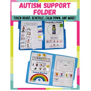 May include: A blue autism support folder featuring a daily schedule, token board, and calming choices. The text reads AUTISM SUPPORT FOLDER, TOKEN BOARD, SCHEDULE, CALM DOWN, AND MORE!, Shaquille's Folder, My Rules, Daily Schedule, I feel, and Rainbow Breathing.