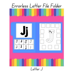 May include: A blue file folder titled Errorless Letter File Folder and Letter J, featuring a large black letter Jj, a grid of eight various J characters, and a large outline of the letter J with directional arrows surrounded by empty squares.