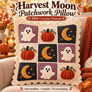Halloween Crochet Pillow Pattern PDF, Ghost Pumpkin & Moon Patchwork Cushion Cover, Fall Decor