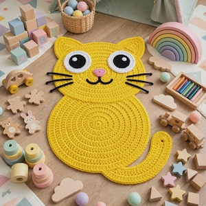 Può includere: Un tappeto all'uncinetto giallo a forma di gatto con grandi occhi bianchi e neri, un naso rosa e baffi in filo nero. Il tappeto è circondato da vari giocattoli in legno, tra cui blocchi da costruzione, un arcobaleno e piccole figure di animali.