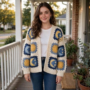 May include: A crochet cardigan featuring a pattern of alternating square motifs in cream, navy blue, light blue, and yellow. The squares display sun and moon designs with stars. The garment has long sleeves, a ribbed trim, and an open front.