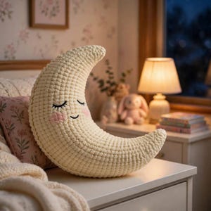 Puede incluir: Un cojín con forma de media luna hecho de hilo color crema con textura de ganchillo. El cojín presenta una cara bordada con ojos cerrados, una pequeña boca curva y mejillas circulares de color rosa suave, creando una expresión dulce.