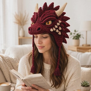 May include: A deep red crochet dragon hat featuring textured scales, two cream-colored horns, and prominent yellow and black eyes. The hat includes ear flaps with long, braided tassels hanging down on each side, crafted with intricate yarn work.