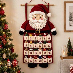 May include: A crocheted Santa Claus wall hanging advent calendar featuring a red suit, white beard, and twenty-four numbered pockets. Each pocket contains a small crocheted holiday ornament, including stars, candy canes, trees, and snowmen.