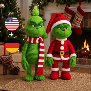 Grinchen virkmönster, julgrinchen amigurumi PDF, jultomten Grinchen dockmönster, virkad juldekoration, virkad julklapp