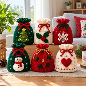 May include: Six crocheted drawstring gift bags featuring holiday designs including a Christmas tree, holly berries, a white snowflake, a snowman, a red poinsettia, and a red heart, all finished with matching yarn ties and festive colours.