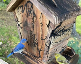 Unique cedar bird feeder with fractional burning. hanging / standing / post mount one of a kind loose seed small / medium size bird feeder.