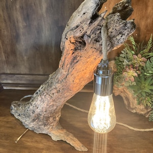 May include: A table lamp featuring a piece of weathered, textured driftwood as the base. A silver-toned metal light socket hangs from the top of the wood by a thick, natural-colored jute rope, holding a glowing, clear glass Edison-style light bulb.