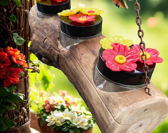 Handmade Cottonwood Branch Hummingbird Feeder with 3 Stations, Copper Accents