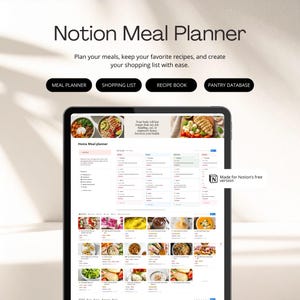 Op de afbeelding: Een digitaal tablet met de Notion Meal Planner-interface. Het scherm toont een maaltijdplanner, receptenboek en boodschappenlijst. De tekst luidt: "Plan uw maaltijden, bewaar uw favoriete recepten en maak eenvoudig uw boodschappenlijst."