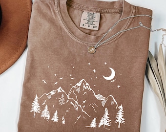 Comfort Colors® Minimalist Mountain Shirt, Nature Lover Tee, Moon Mountain Graphic Tee, Hiking Shirt, Outdoor Adventure Comfort Colors Tee