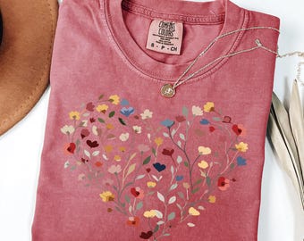Comfort Colors® Wildflower Heart Shirt, Floral Love Graphic Tee, Romantic Cottagecore Aesthetic Top