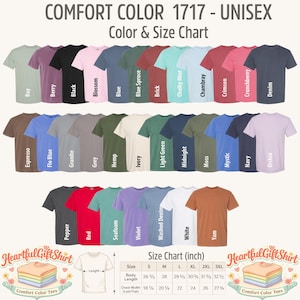 May include: A color chart for Comfort Color 1717 unisex t-shirts, showcasing a variety of colors including Bay, Berry, Black, and Blossom. The chart also includes a size guide in inches, with measurements for body length and chest width.