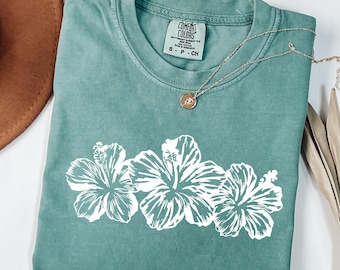 Comfort Colors® Hibiscus Flower Shirt, Tropical Floral Tee, Hawaii Flower Shirt, Summer Beach Shirt, Minimal Floral T-Shirt,