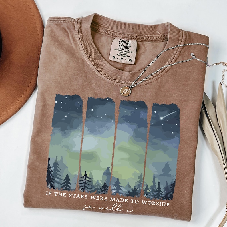 Comfort Colors® Starry Forest Graphic T Shirt, Night Sky Nature Design, Vintage Washed Outdoor Top image 4