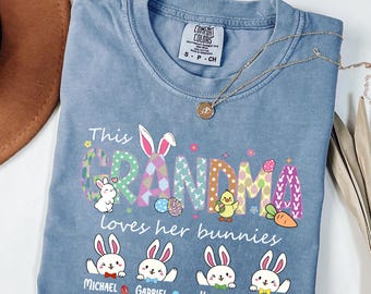 Comfort Colors® Grandma Easter Bunny Shirt, Personalized Family Spring Tee, Custom Name Holiday Gift