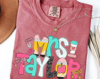 Comfort Colors® Personalized Floral Pattern Teacher T-Shirt, Custom Mrs Name Soft Patch Letter Tee. Trendy Back to School Gift Shirt.