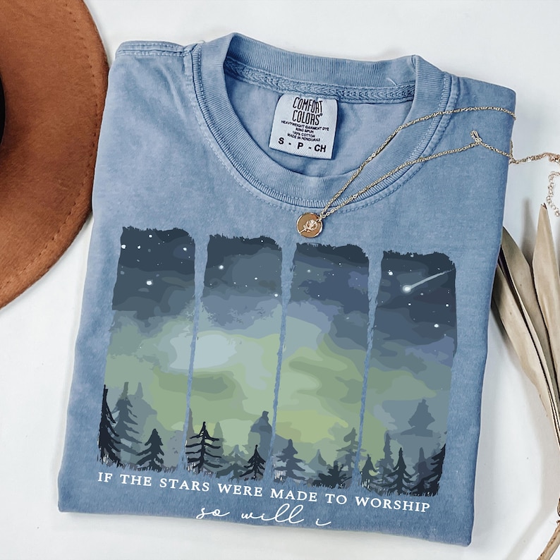 Comfort Colors® Starry Forest Graphic T Shirt, Night Sky Nature Design, Vintage Washed Outdoor Top image 1