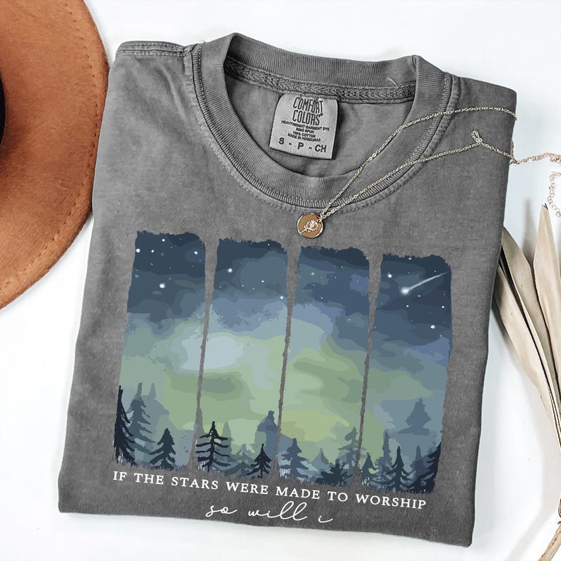 Comfort Colors® Starry Forest Graphic T Shirt, Night Sky Nature Design, Vintage Washed Outdoor Top image 2