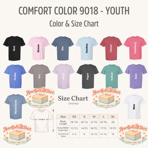 May include: A color and size chart for Comfort Color 9018 youth t-shirts. The chart displays various shirt colors, including black, pink, blue, and green. The size chart is in inches, with measurements for body length and chest width.
