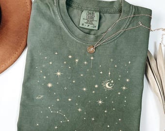 Comfort Colors® Celestial Stars Shirt, Minimal Moon Constellation Graphic Tee, Adult Youth