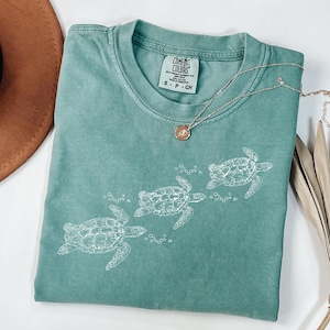 Comfort Colors® Sea Turtle Graphic T Shirt, Ocean Inspired Minimal Design, Vintage Washed Coastal Top image 1